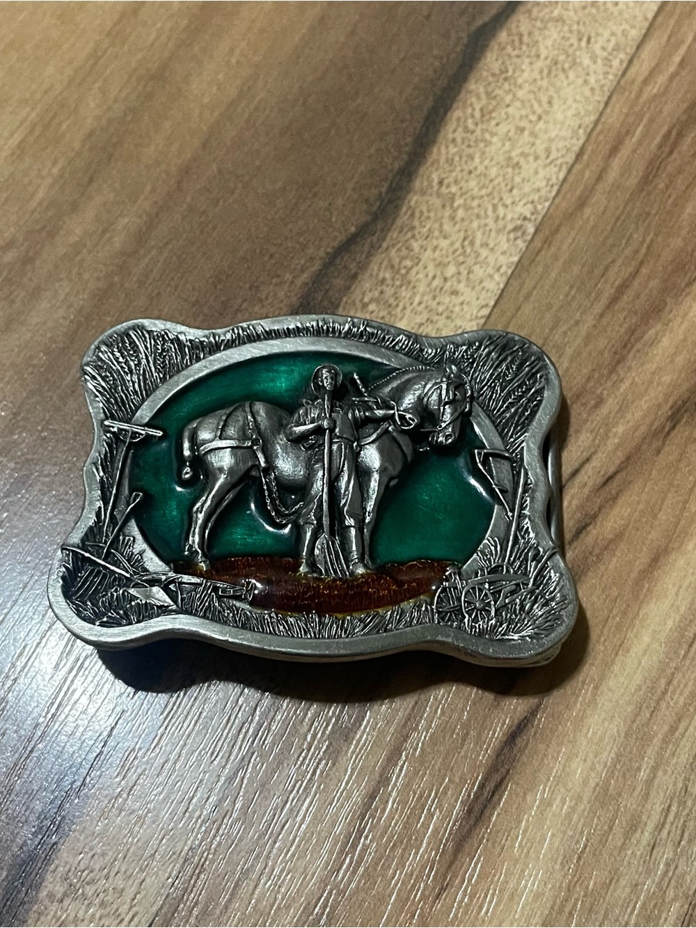 Vintage 1985 Bergamot Brass Works Belt Buckle Pewter Green Enamel Horse Farmer